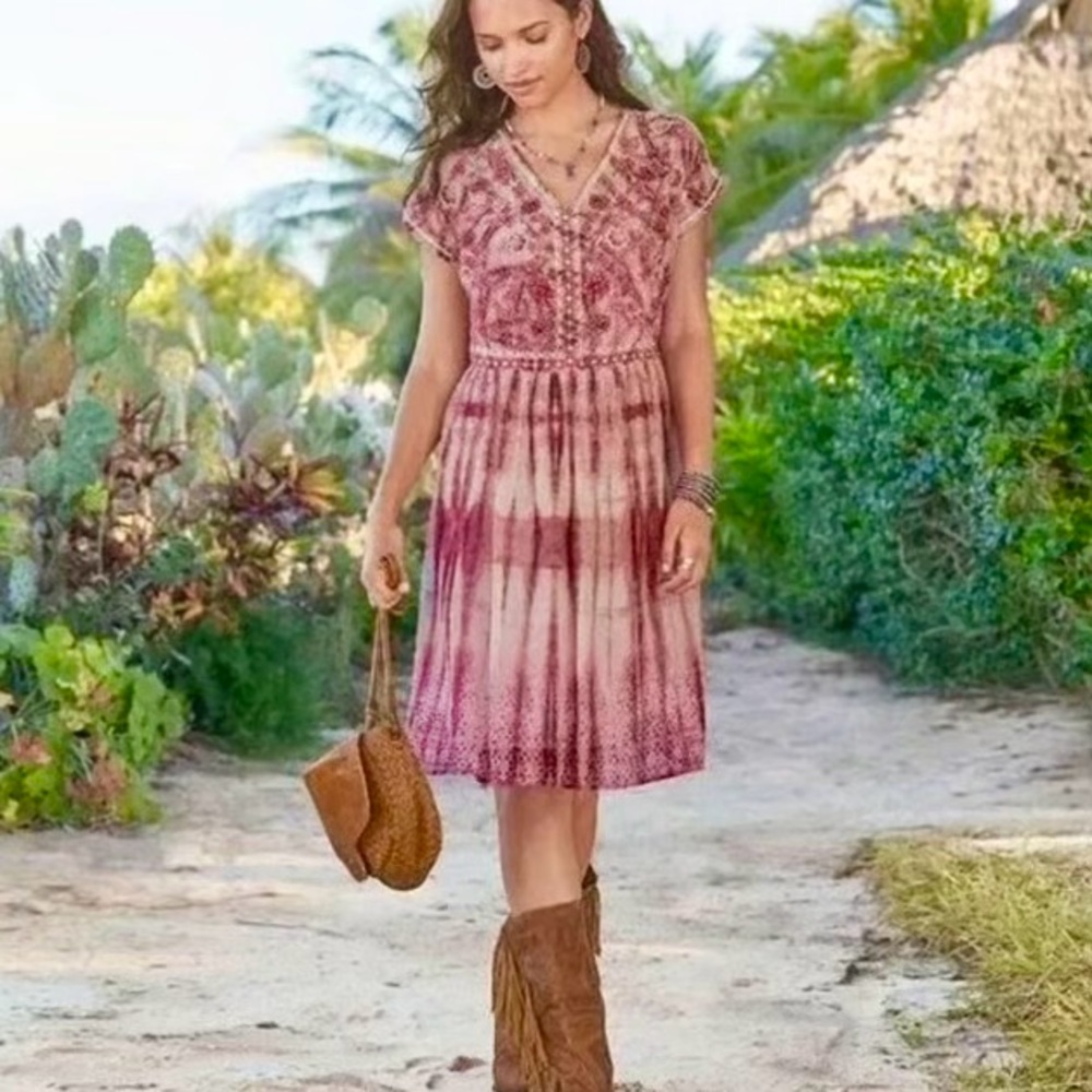 Sundance Gemi Pink Tie Dye Floral Embroidered Boho Dress